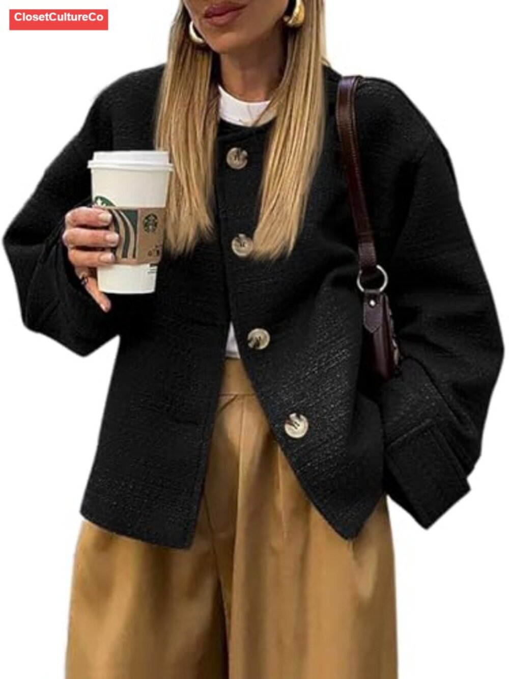 Oversized Tweed Blazer Long Sleeve Button Down Business Casual Jacket
